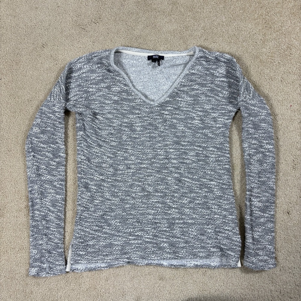 PAIGE Womens Marled Grey V-Neck 100% Cotton Textured Knit Sweater Size Small